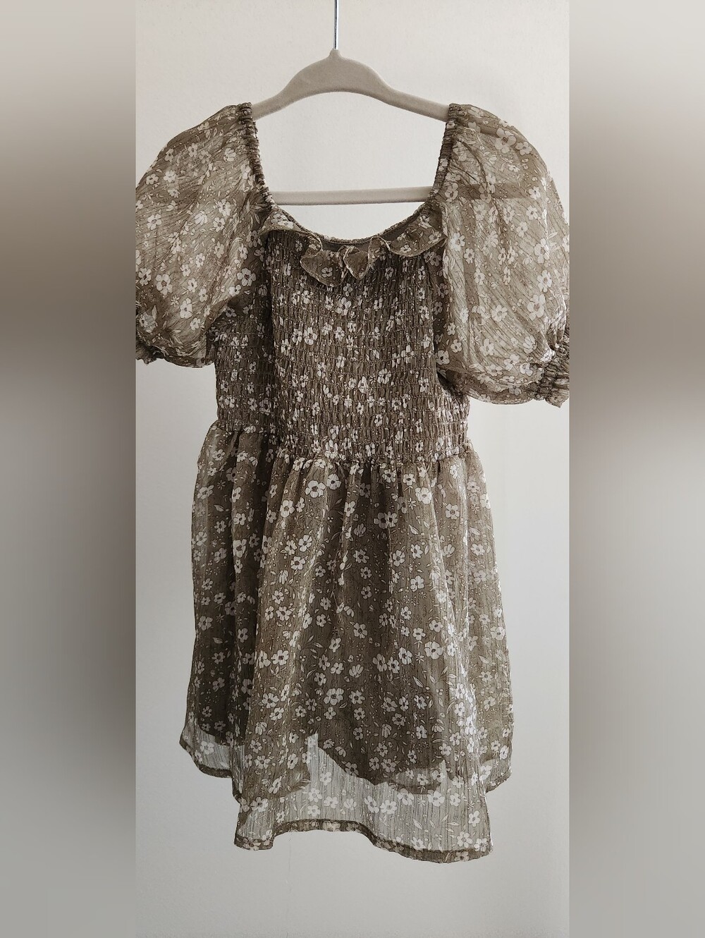 NoraLee Girls Olive Floral Smocked Puff-Sleeve Dress